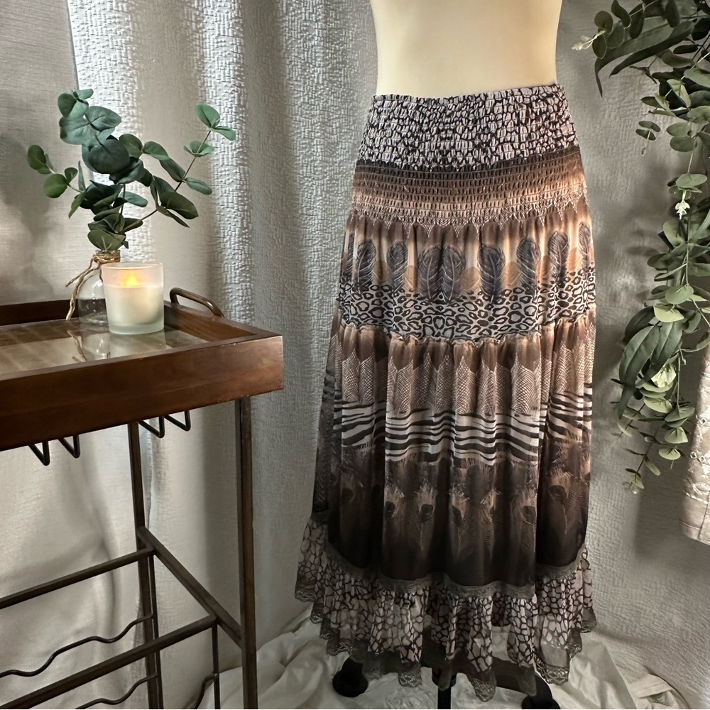 Anthropologie Lapis Mesh Brown & Cream Boho Tiered Convertible Skirt/Dress Large